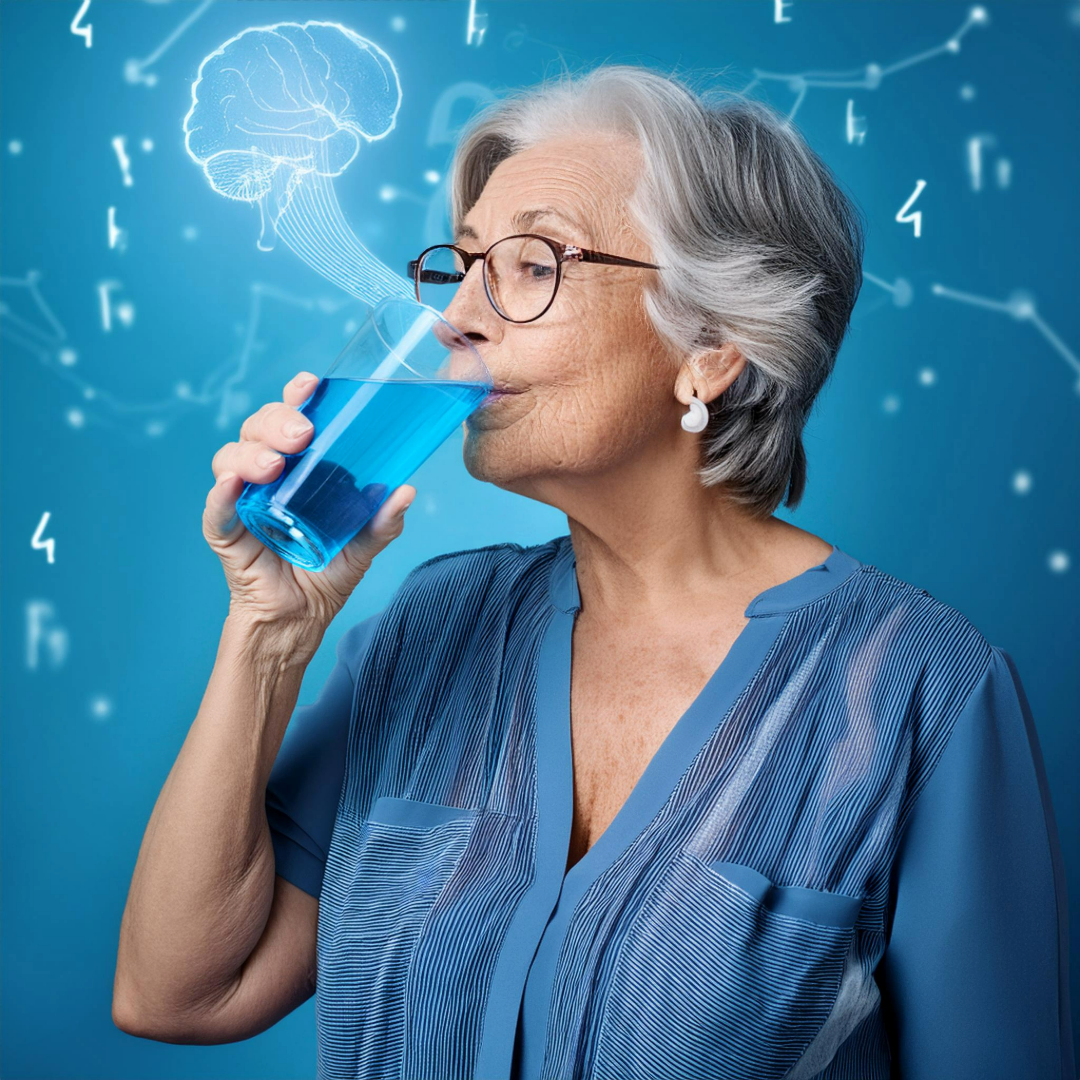 Woman drinking blue liquid with scientific graphics in the background