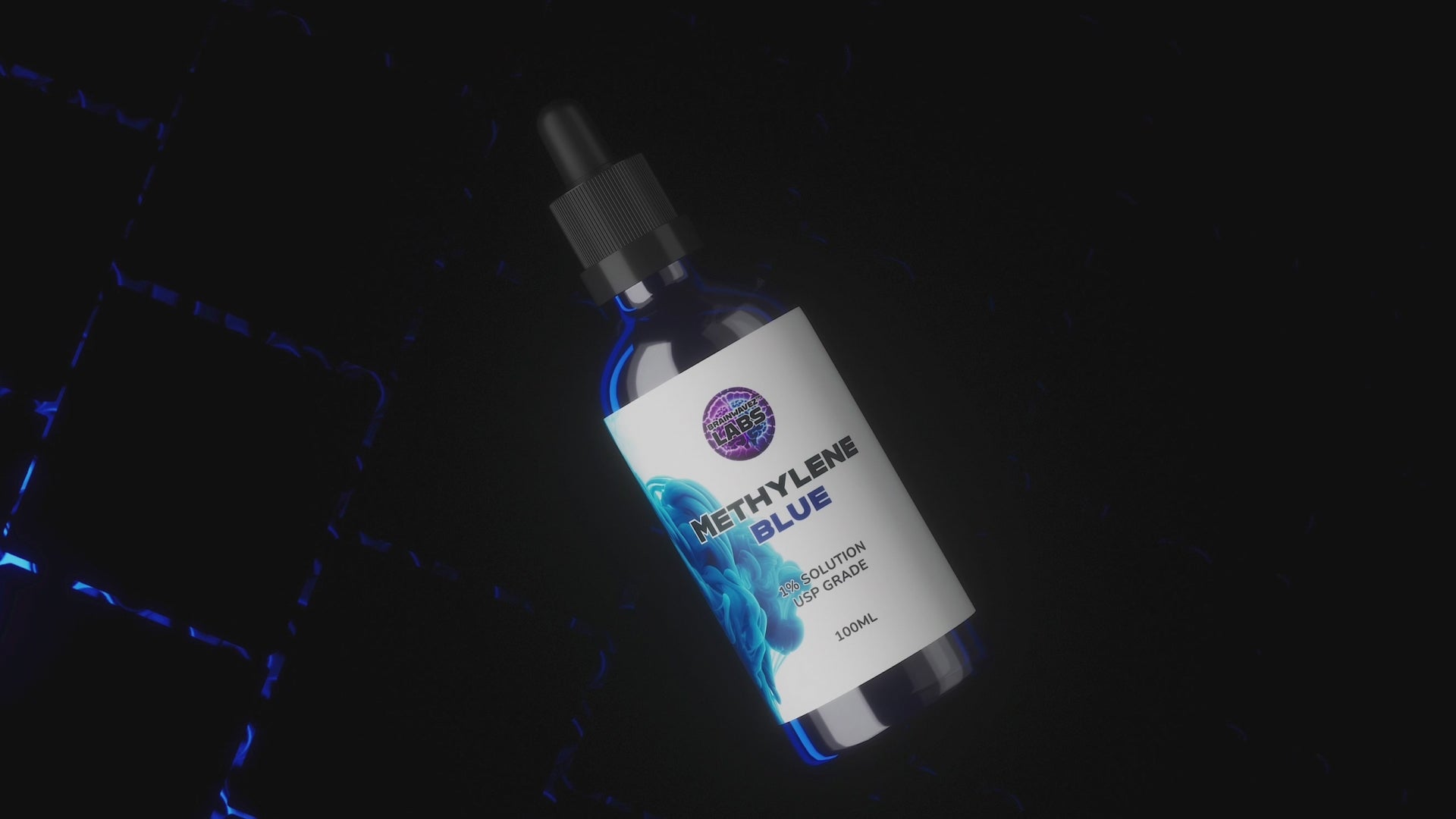Methylene Blue bottle on a black background with blue lights shinning through
